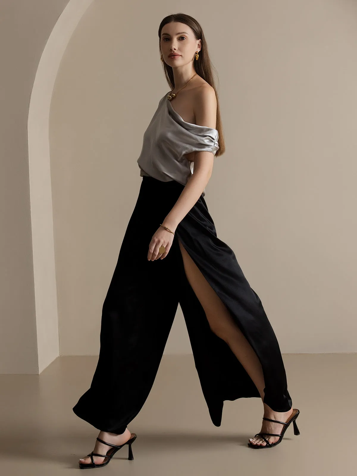 19Momme Silk Fashionable High-Slit Pants