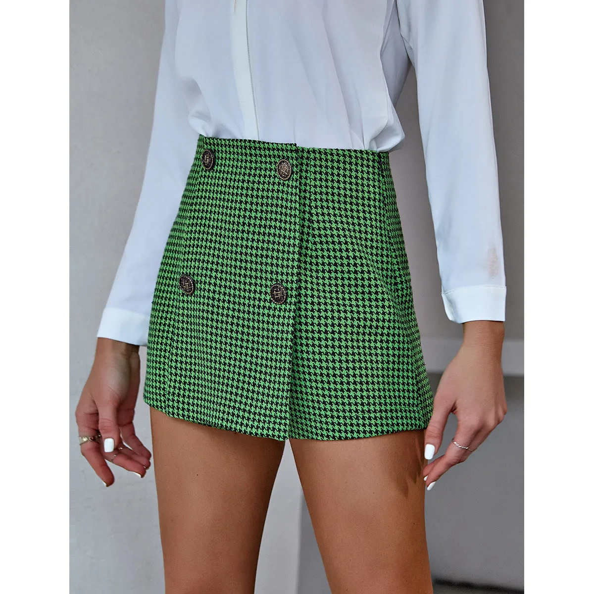 2022 fall winter high waist A-line short skirt pants plaid houndstooth double placket fashionable shorts