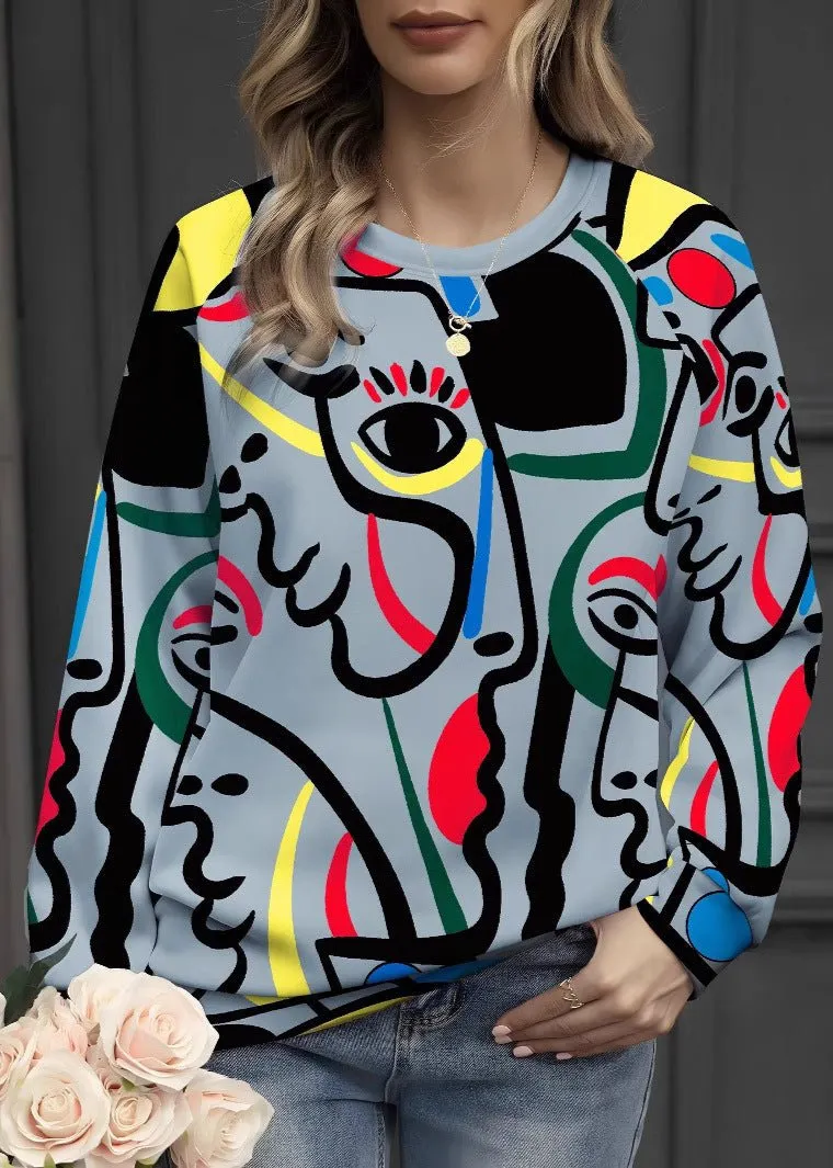 Artistic Abstract Graphic Crew Neck Sweatshirt for Women