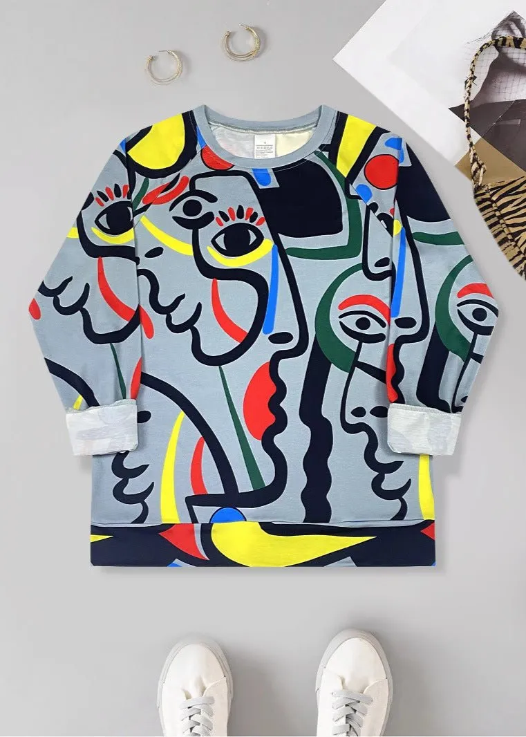 Artistic Abstract Graphic Crew Neck Sweatshirt for Women