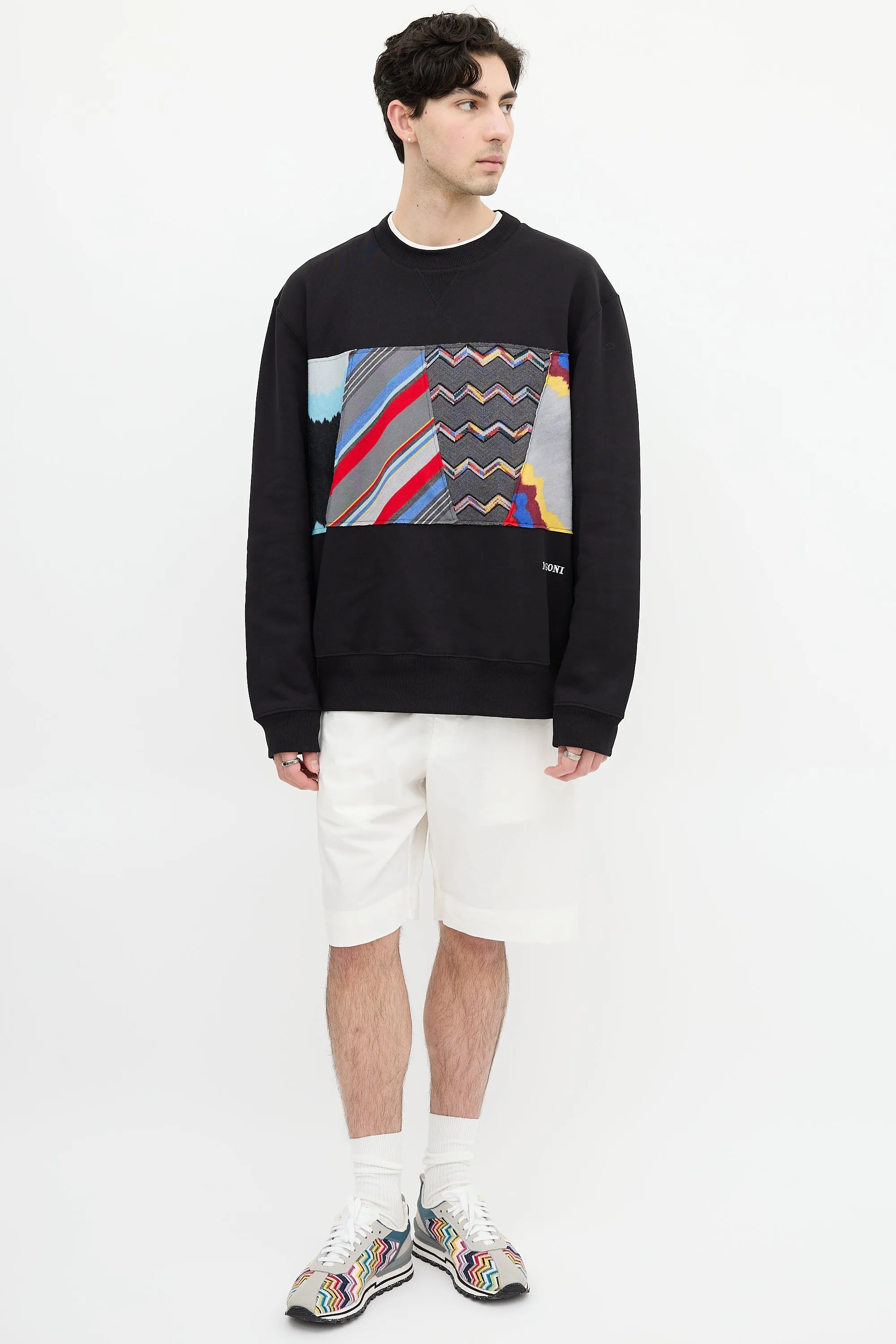 Black & Multi Pattern Panel Crewneck Sweatshirt