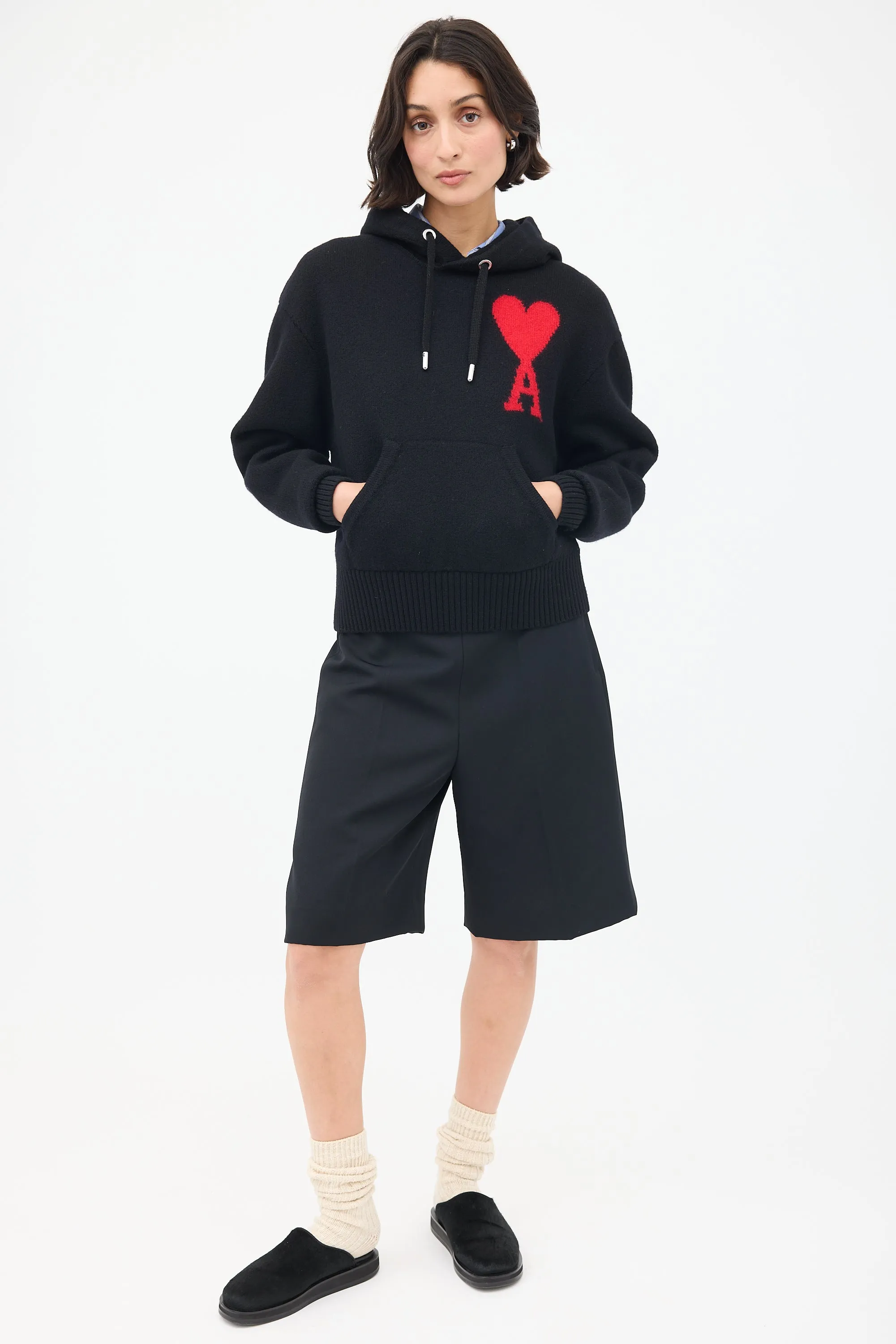 Black Wool Ami de Cœur Knit Hoodie