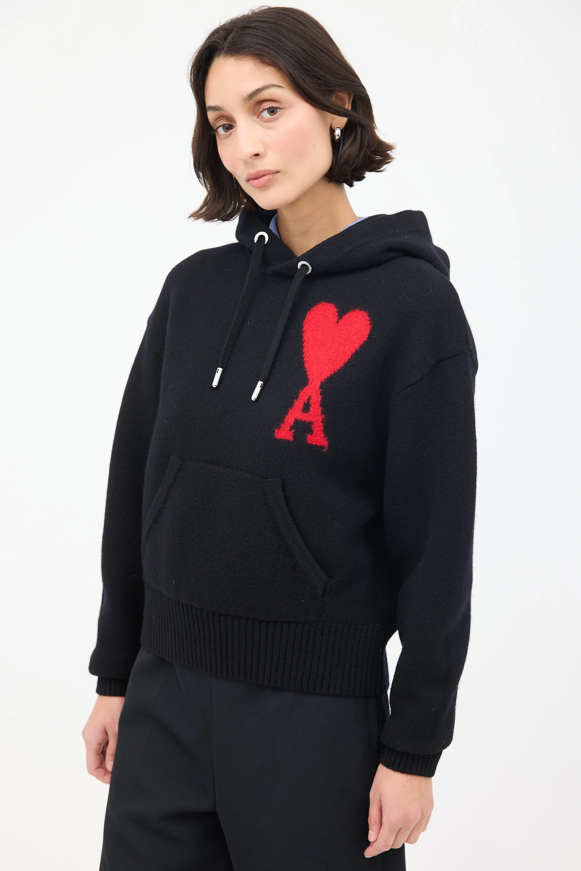 Black Wool Ami de Cœur Knit Hoodie