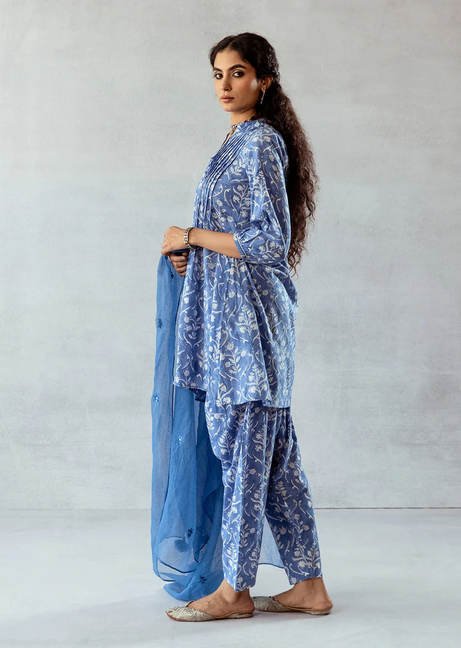 Blue Cotton Embroidered 3-Piece Kurta Set