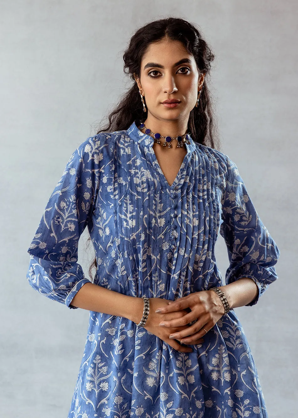 Blue Cotton Embroidered 3-Piece Kurta Set