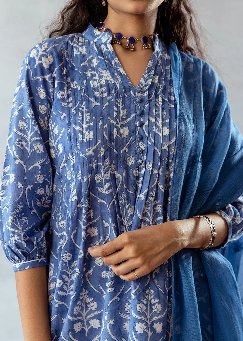 Blue Cotton Embroidered 3-Piece Kurta Set