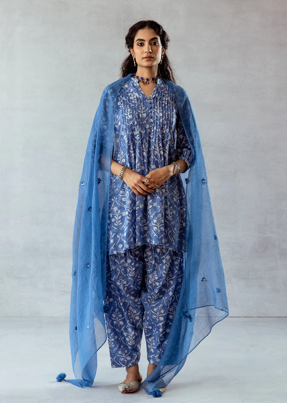 Blue Cotton Embroidered 3-Piece Kurta Set