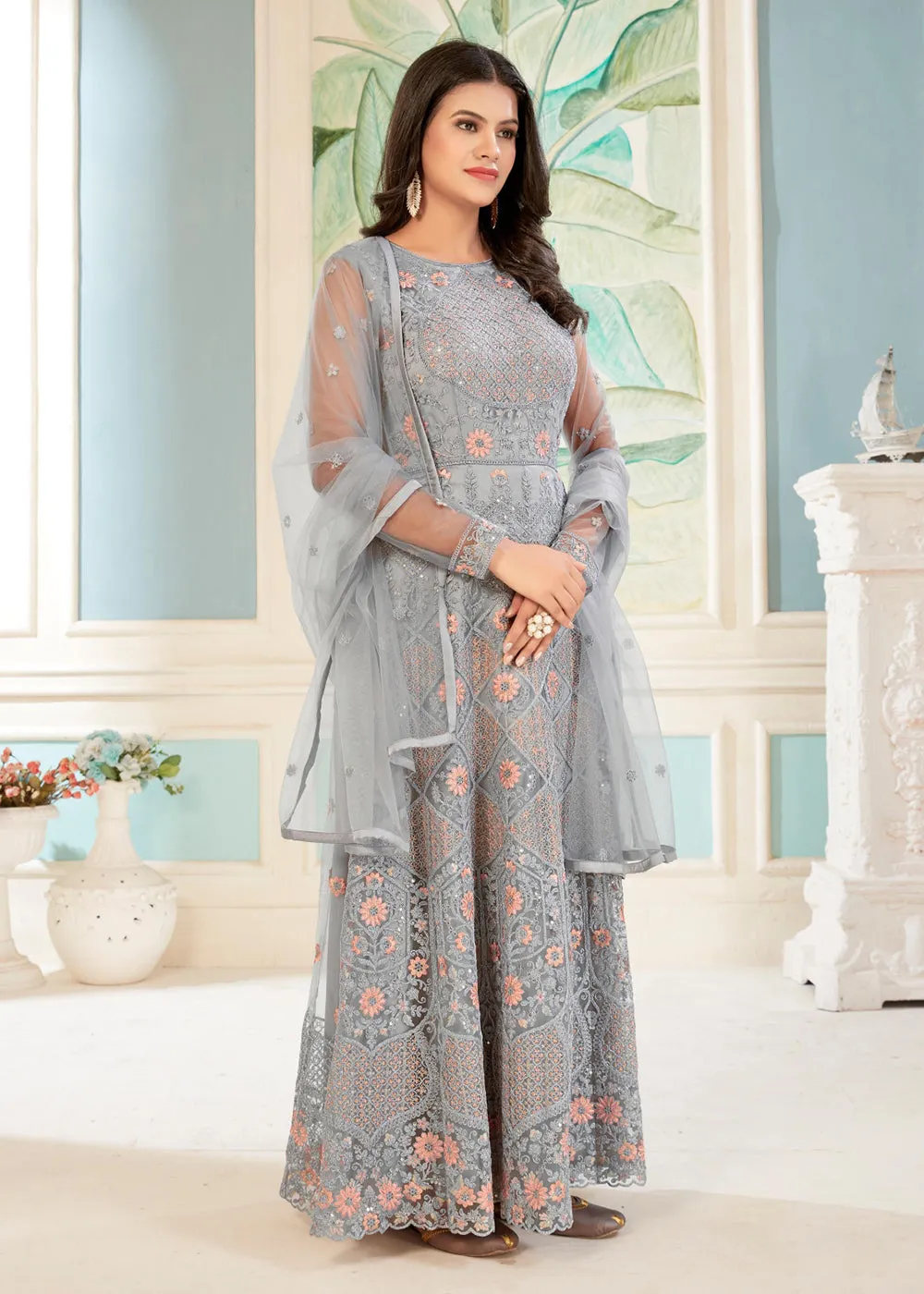 Charming Grey Floral Embroidered Wedding Wear Anarkali Suit