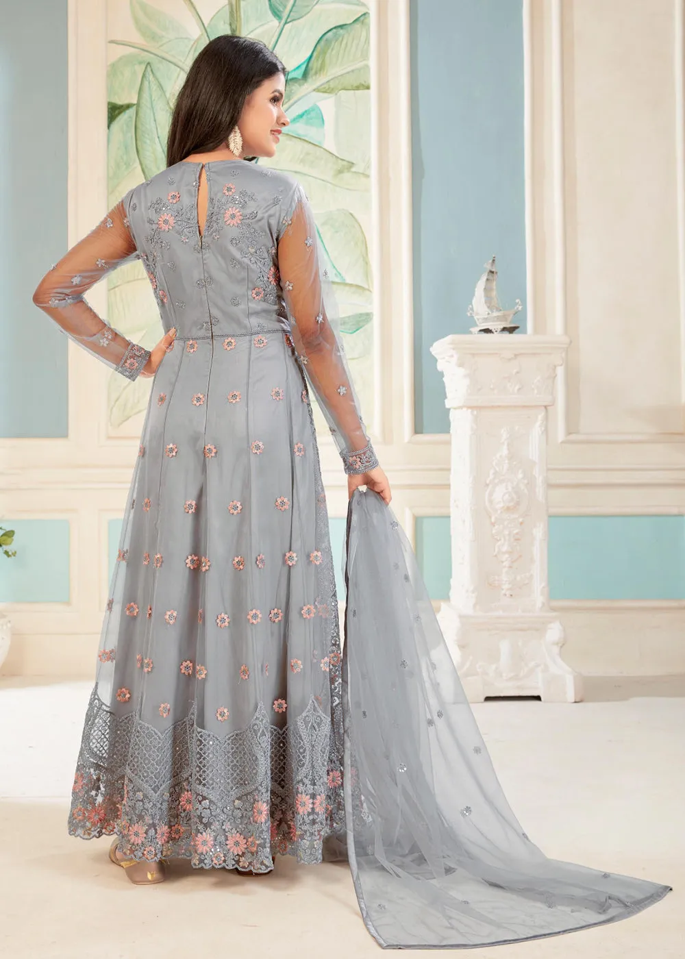 Charming Grey Floral Embroidered Wedding Wear Anarkali Suit