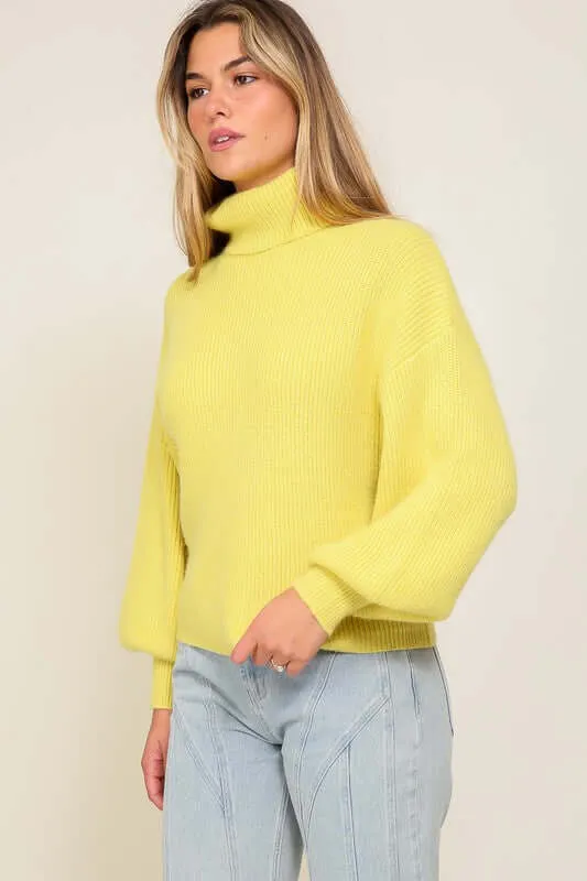 Cozy Rib Knitted Turtleneck Sweater with Bishop Sleeve