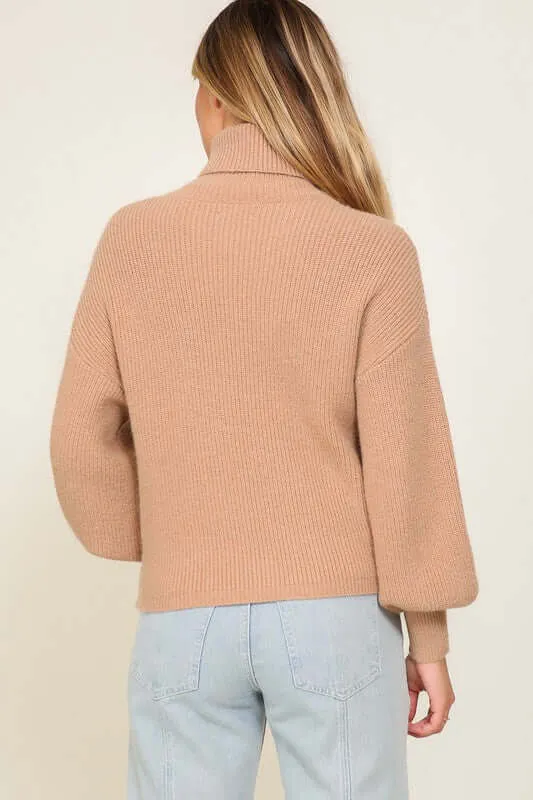 Cozy Rib Knitted Turtleneck Sweater with Bishop Sleeve