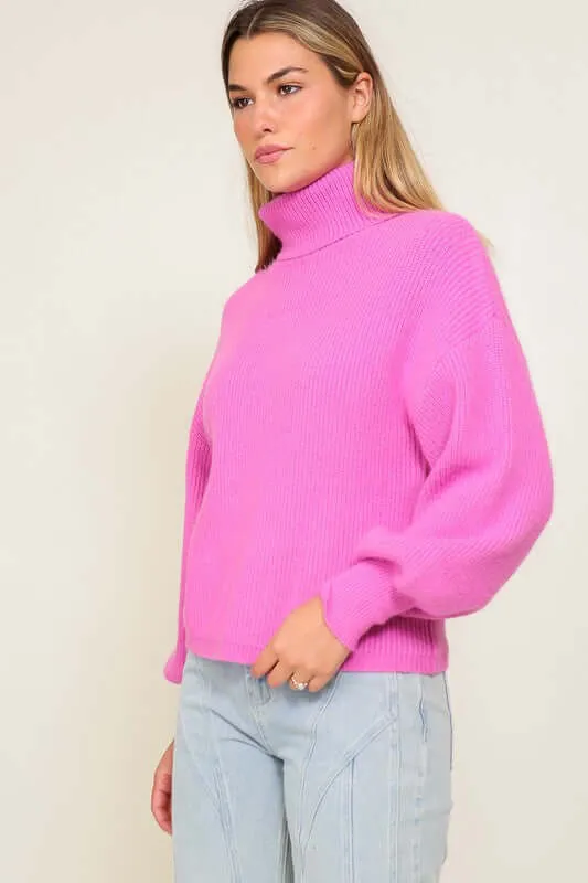 Cozy Rib Knitted Turtleneck Sweater with Bishop Sleeve