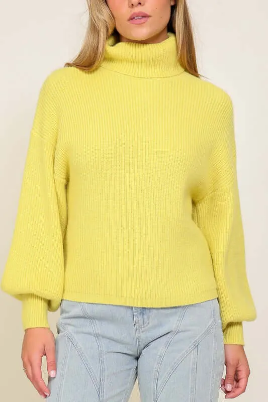 Cozy Rib Knitted Turtleneck Sweater with Bishop Sleeve