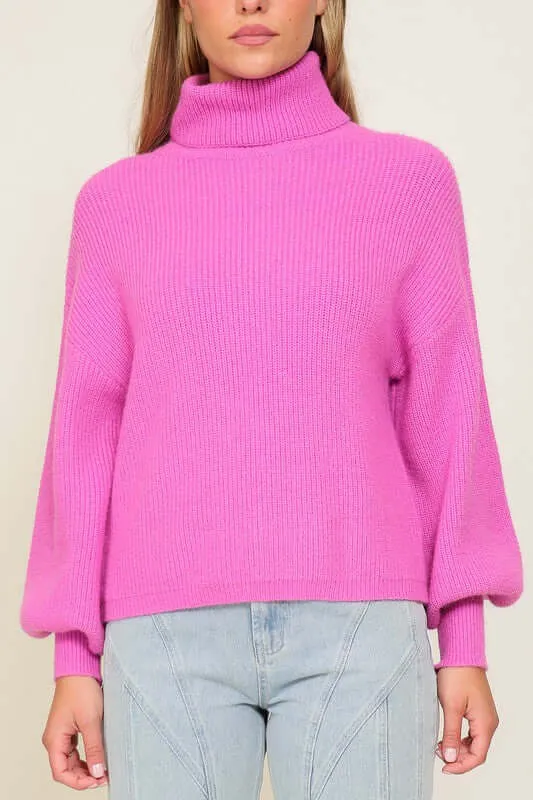 Cozy Rib Knitted Turtleneck Sweater with Bishop Sleeve