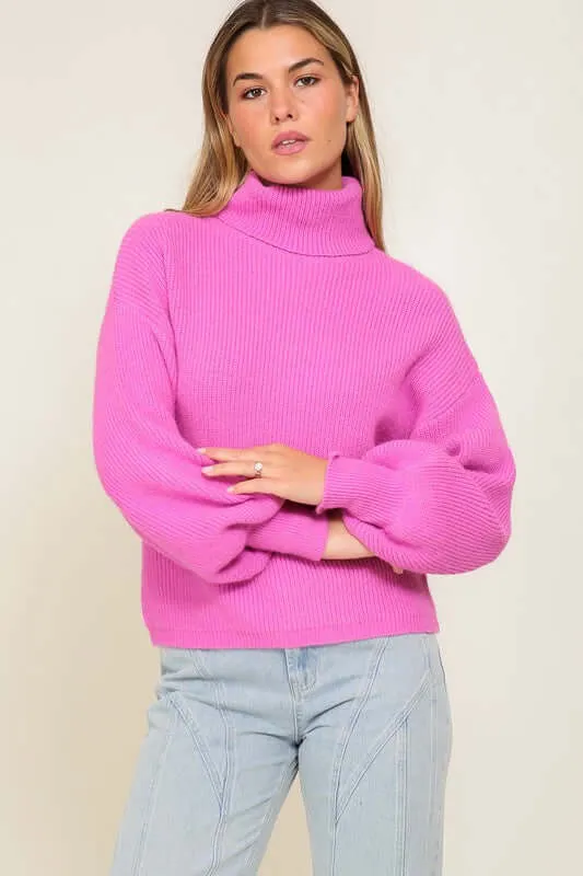 Cozy Rib Knitted Turtleneck Sweater with Bishop Sleeve