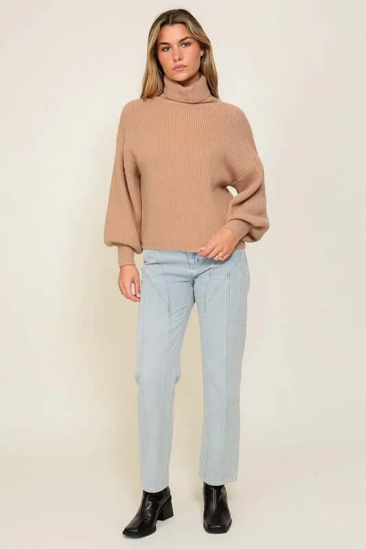 Cozy Rib Knitted Turtleneck Sweater with Bishop Sleeve