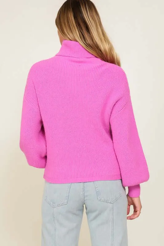 Cozy Rib Knitted Turtleneck Sweater with Bishop Sleeve