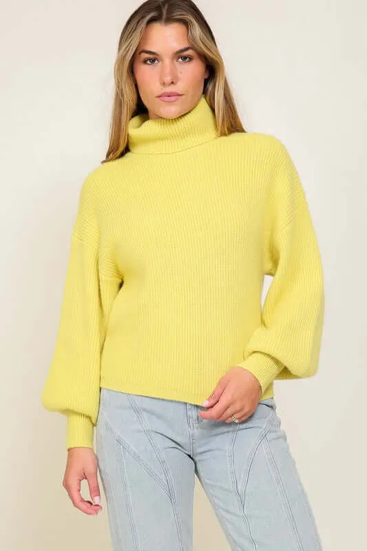 Cozy Rib Knitted Turtleneck Sweater with Bishop Sleeve