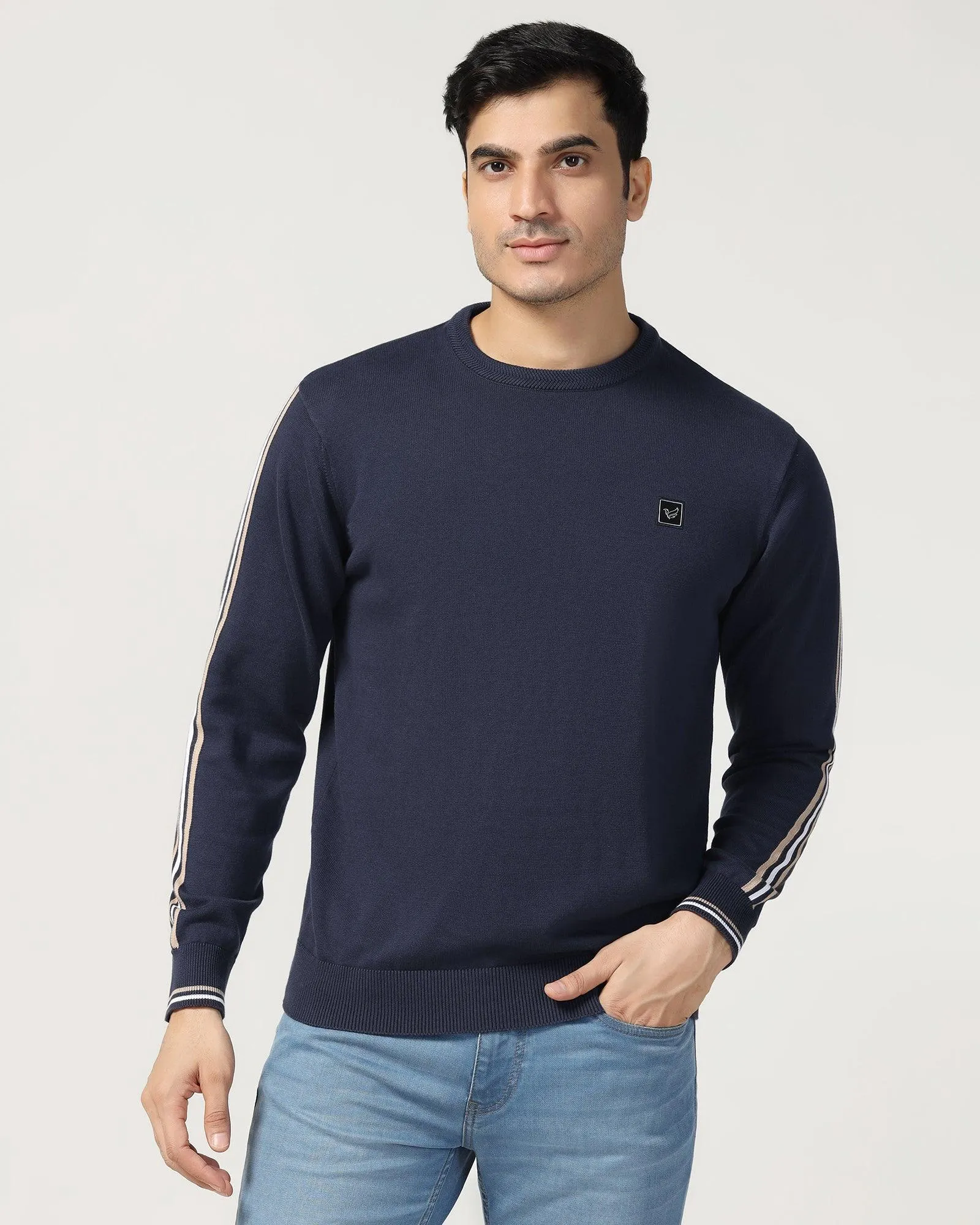 Crew Neck Navy Solid Sweater - Forge