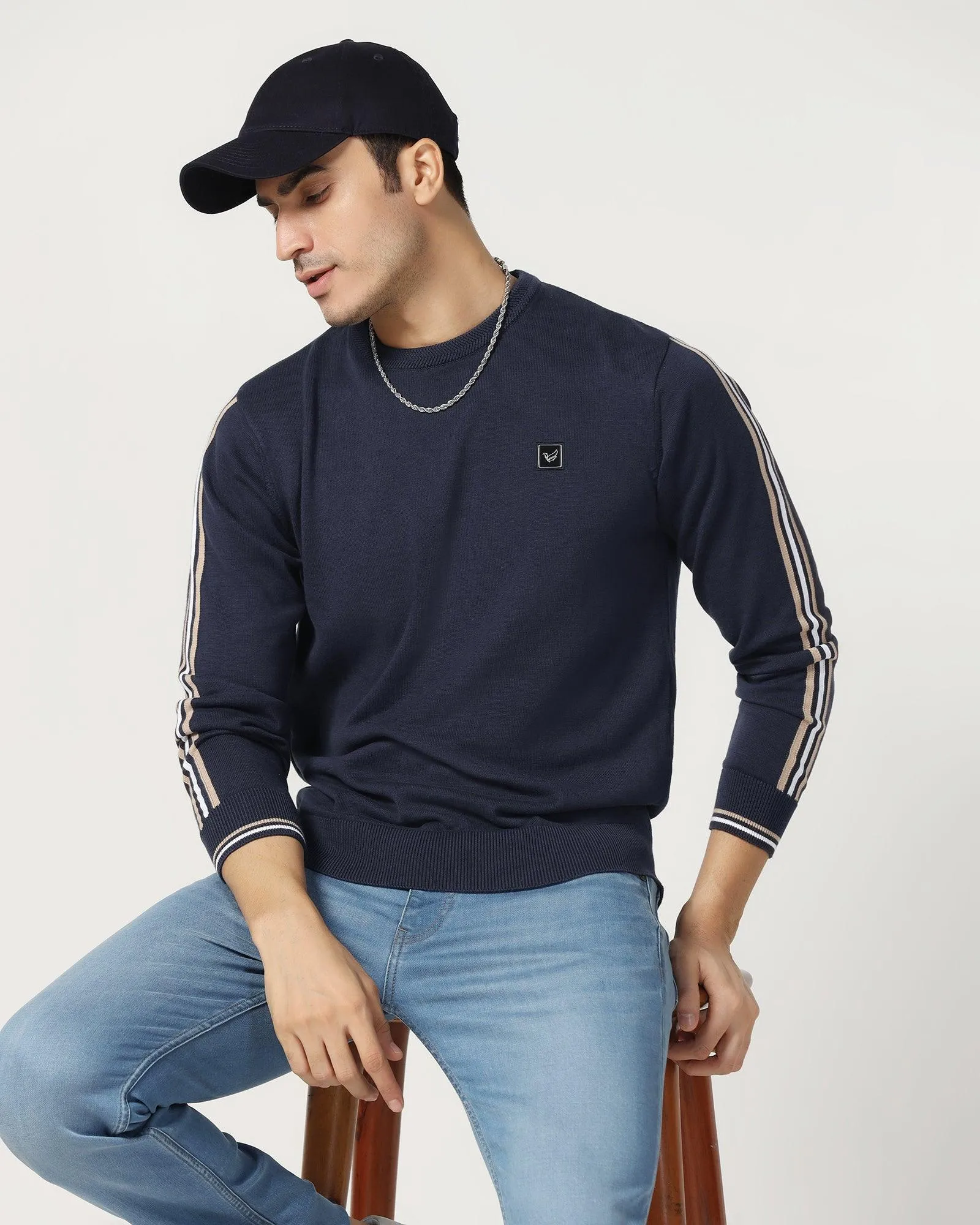 Crew Neck Navy Solid Sweater - Forge