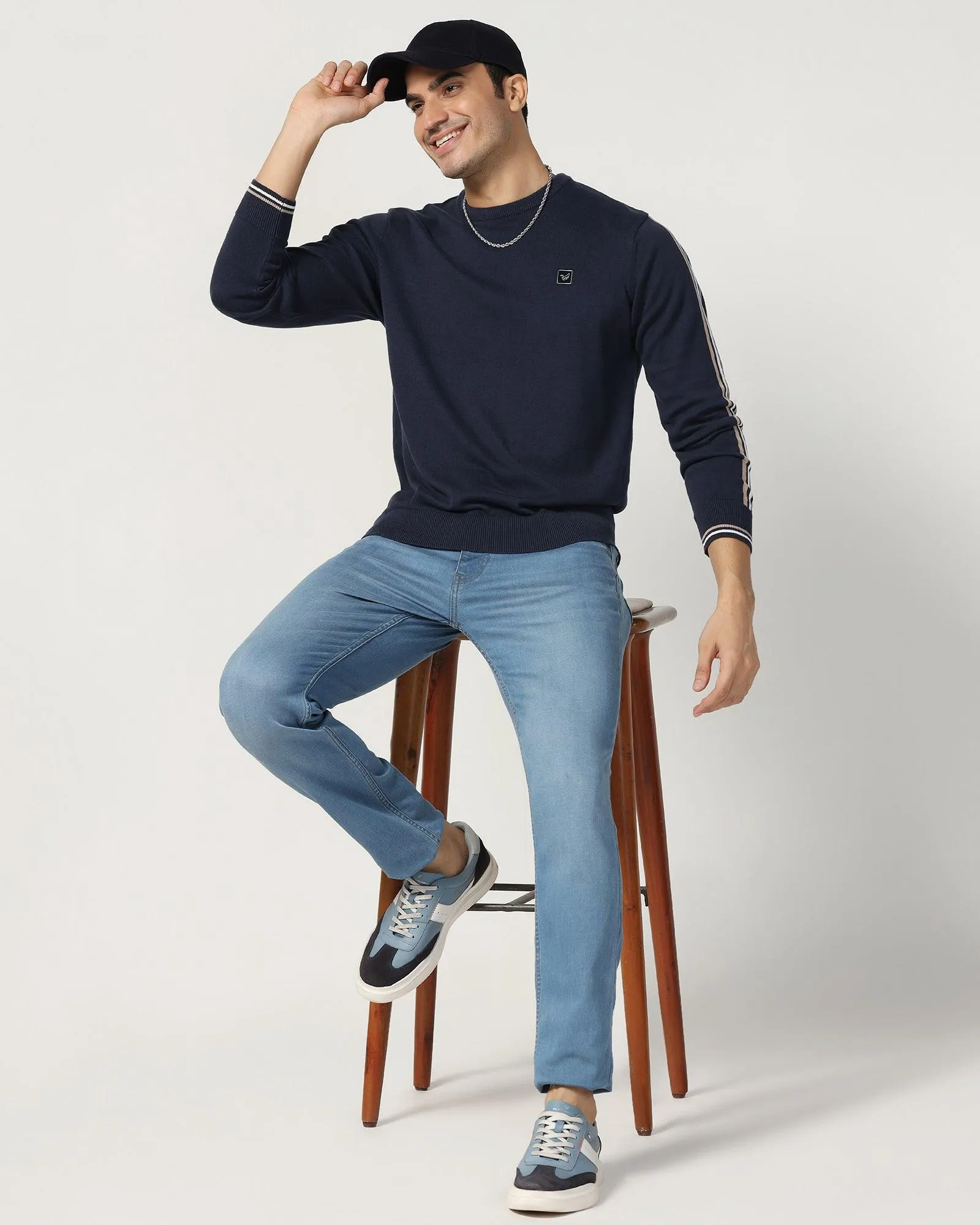 Crew Neck Navy Solid Sweater - Forge