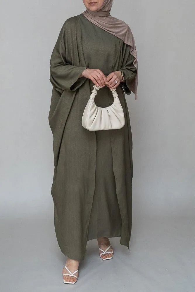 Dinia linen natural fabric 3 piece set with inner slip dress, apron and open front abaya in khaki green