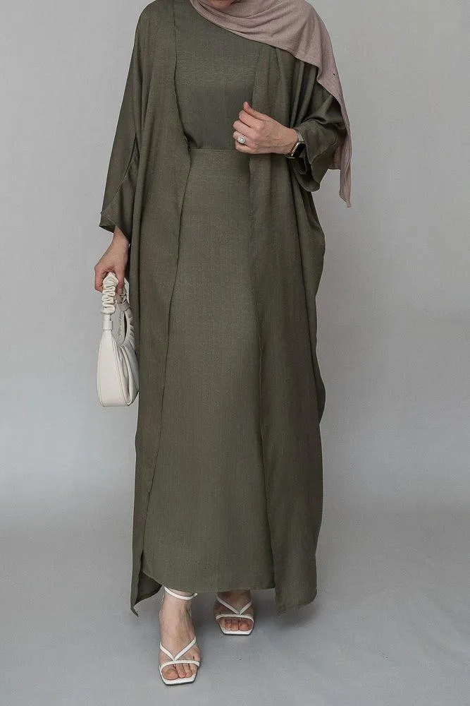 Dinia linen natural fabric 3 piece set with inner slip dress, apron and open front abaya in khaki green