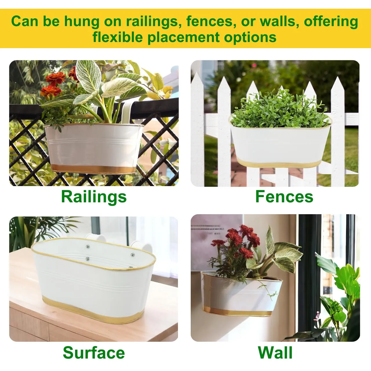 ecofynd Aurelia Railing Planters for Balcony, Hanging Metal Plant Pots, Flower Pots for Home Garden, Oval,12 inches, Pack of 1 (White)