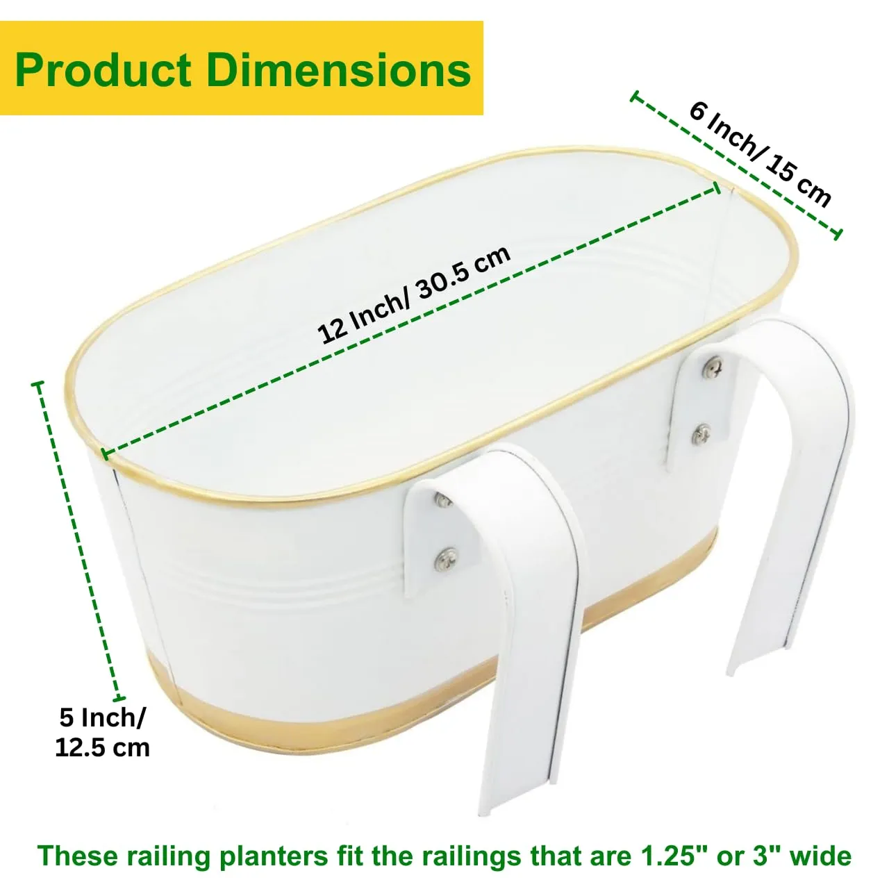 ecofynd Aurelia Railing Planters for Balcony, Hanging Metal Plant Pots, Flower Pots for Home Garden, Oval,12 inches, Pack of 1 (White)