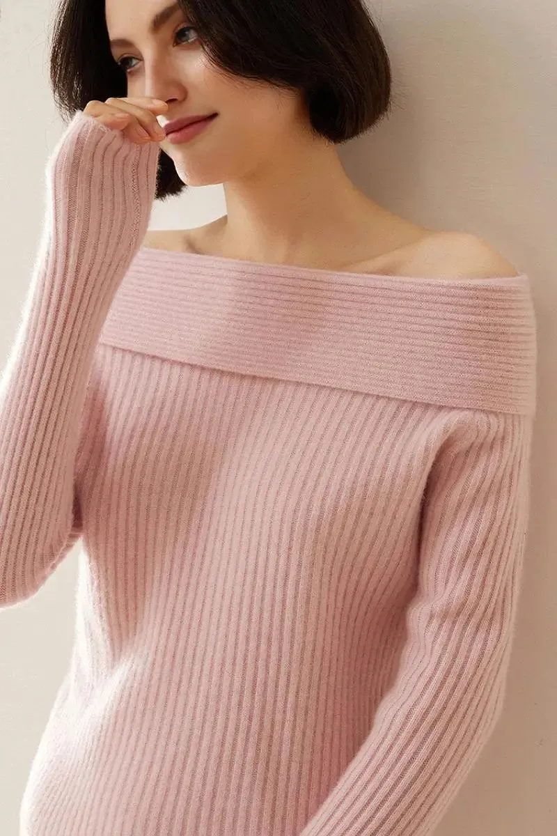 Elegant 100 Cashmere Off-the Shoulder Sweater