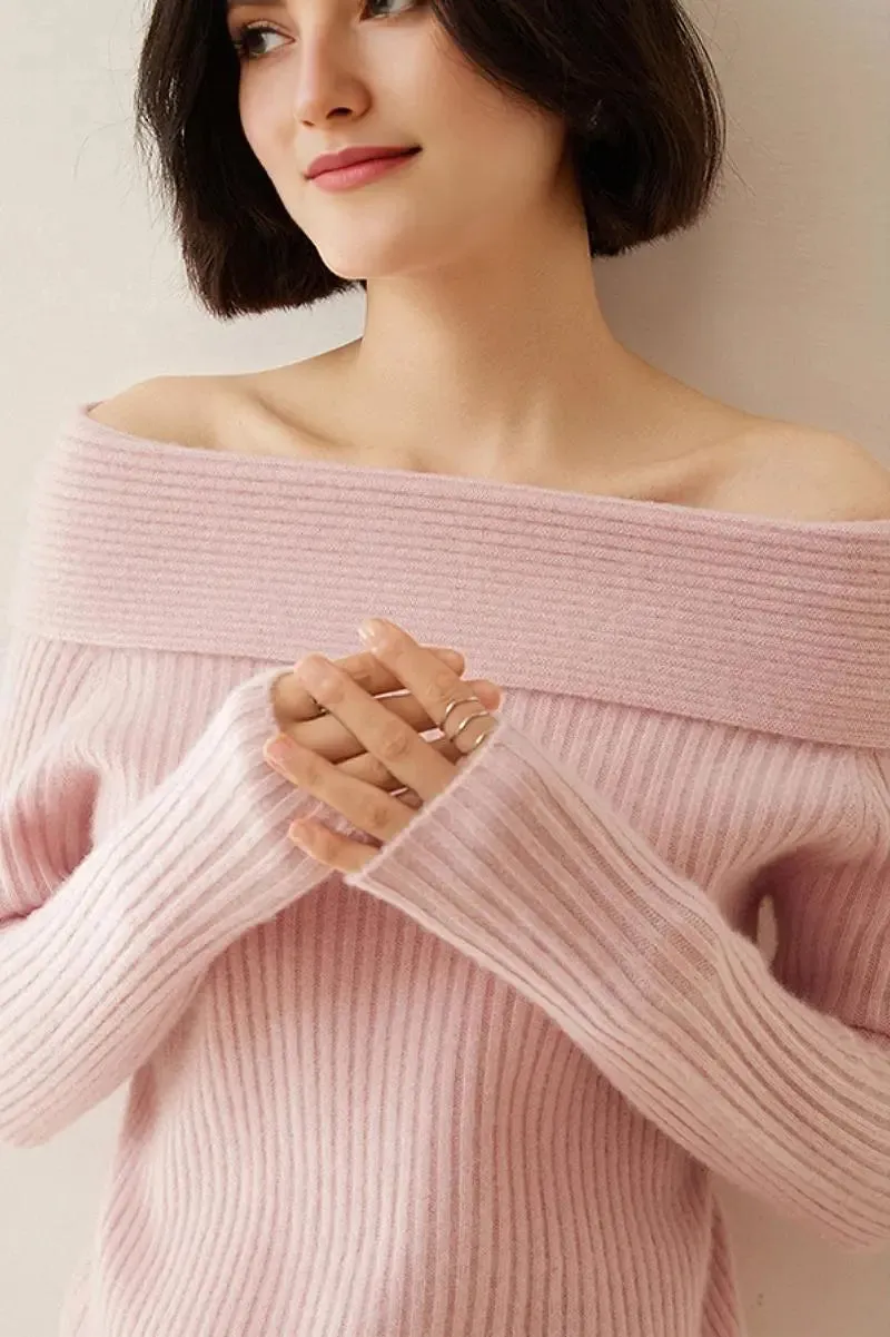 Elegant 100 Cashmere Off-the Shoulder Sweater