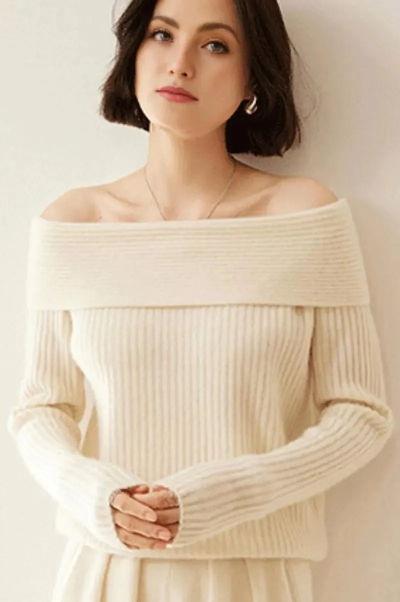 Elegant 100 Cashmere Off-the Shoulder Sweater