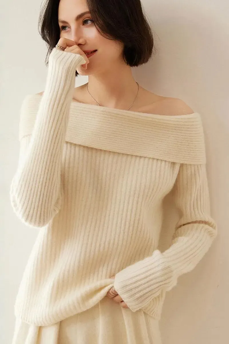 Elegant 100 Cashmere Off-the Shoulder Sweater