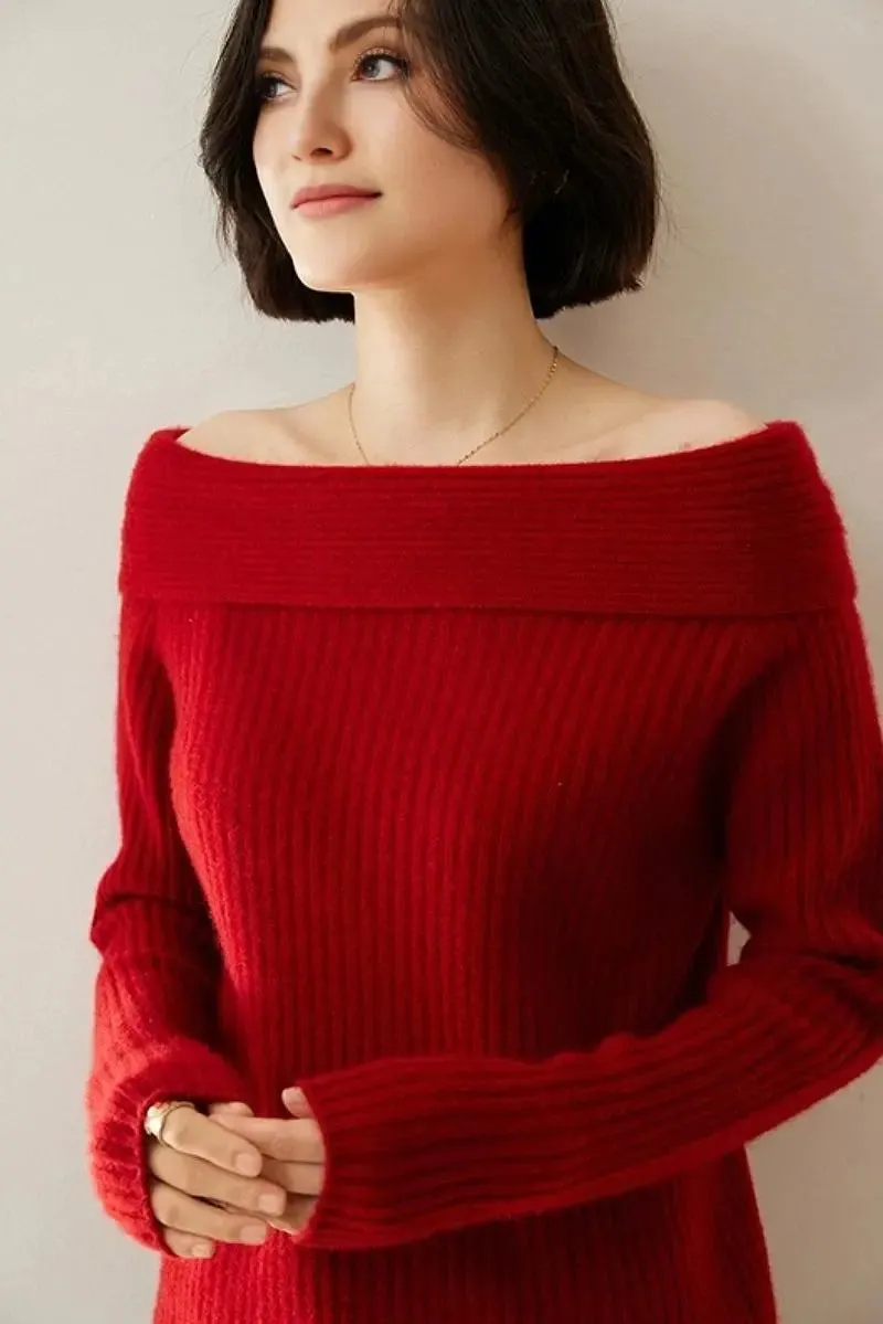 Elegant 100 Cashmere Off-the Shoulder Sweater