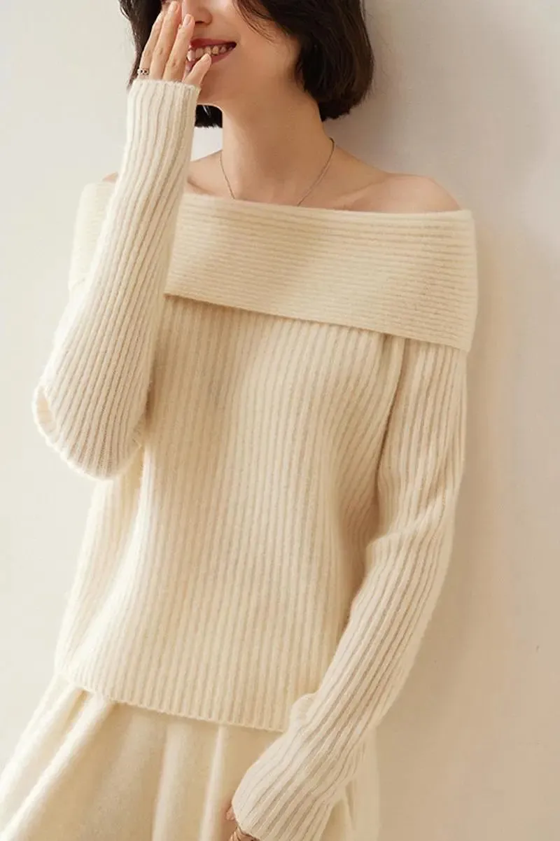 Elegant 100 Cashmere Off-the Shoulder Sweater