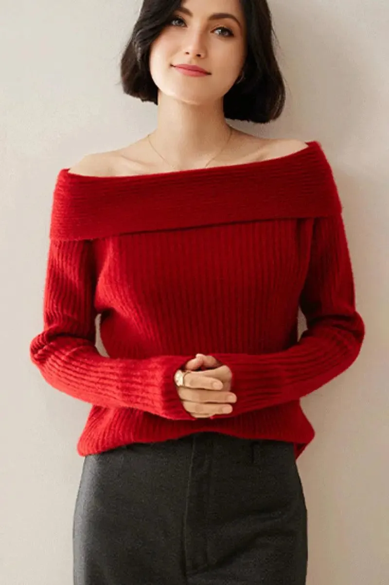 Elegant 100 Cashmere Off-the Shoulder Sweater