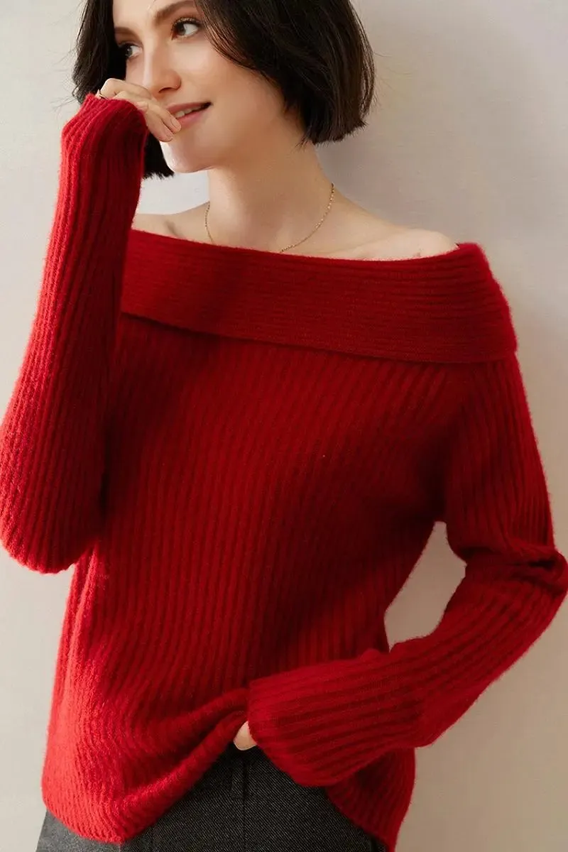 Elegant 100 Cashmere Off-the Shoulder Sweater