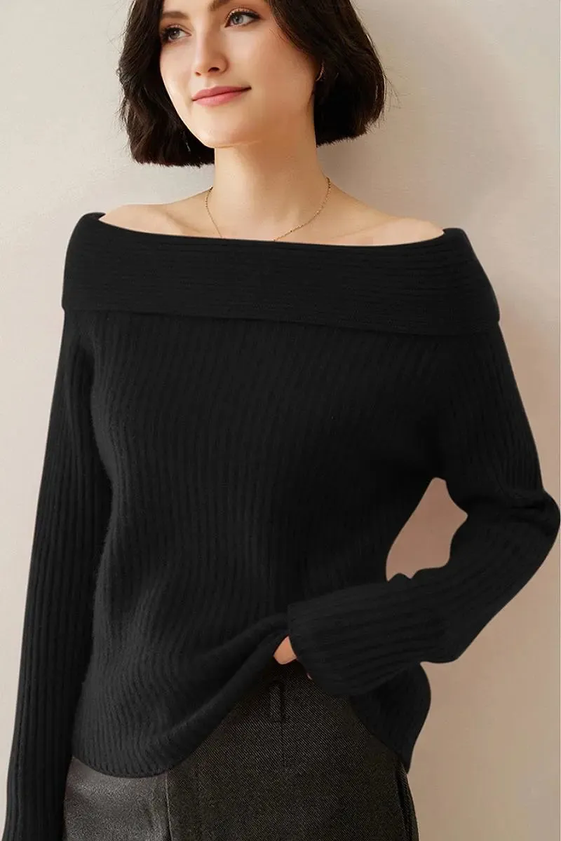 Elegant 100 Cashmere Off-the Shoulder Sweater