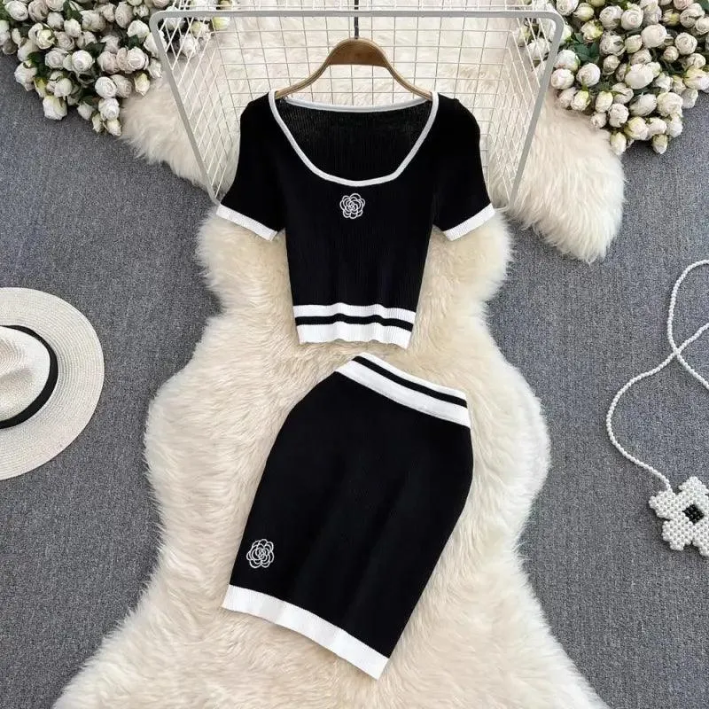 Fashion Female Hot Girl Round-neck High Waist Short Dress Suit