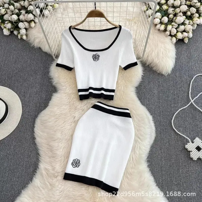 Fashion Female Hot Girl Round-neck High Waist Short Dress Suit