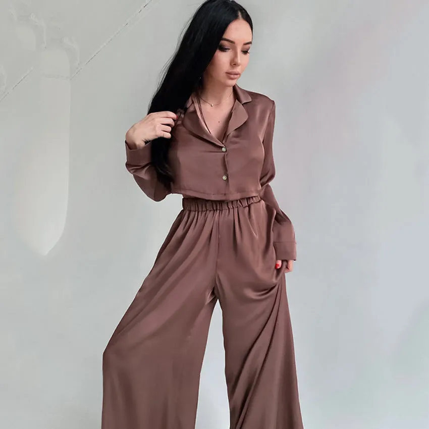 Fashion Short Top Two-piece Set Baggy Pajama Pants Ice Silk Ladies' Homewear