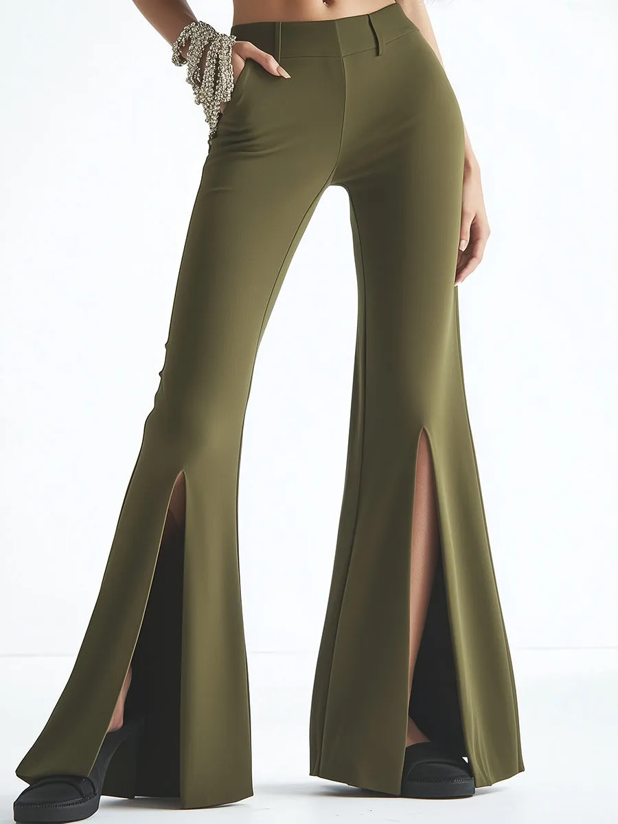 Fashionable Olive Green Slit Flared Pants