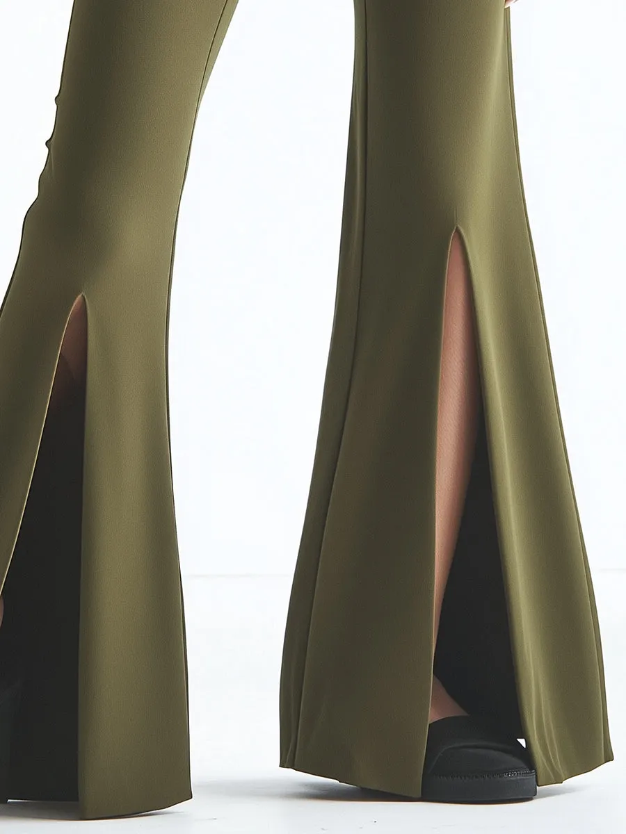 Fashionable Olive Green Slit Flared Pants