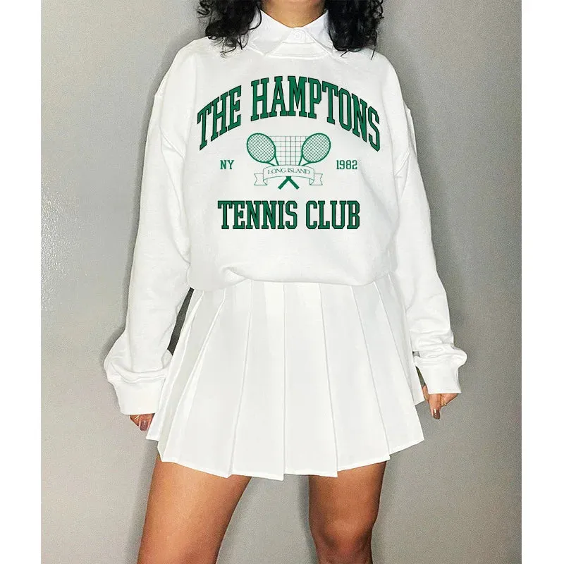 Flytonn-women fall outfits high street ins style -Retro sports style outfit streetwear 90s fashion The Hamptons Tennis Club 1982 Vintage Printing American Fashion Women Sweaters Loose Cotton Autumn Thick Pullover Sweatshirts