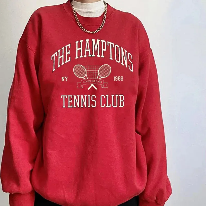 Flytonn-women fall outfits high street ins style -Retro sports style outfit streetwear 90s fashion The Hamptons Tennis Club 1982 Vintage Printing American Fashion Women Sweaters Loose Cotton Autumn Thick Pullover Sweatshirts