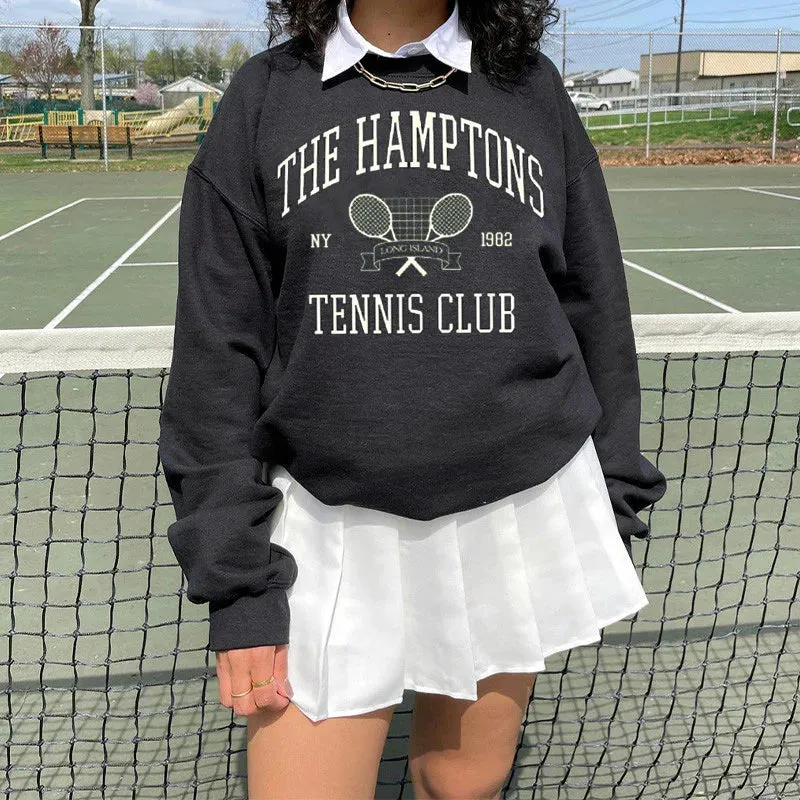 Flytonn-women fall outfits high street ins style -Retro sports style outfit streetwear 90s fashion The Hamptons Tennis Club 1982 Vintage Printing American Fashion Women Sweaters Loose Cotton Autumn Thick Pullover Sweatshirts