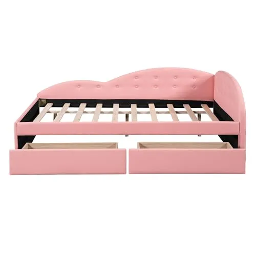 Full Size Daybed with Storage Drawers, Faux Leather Upholstered Day Bed Frame, Bottom Tufted Sofa Bed with Cloud Shaped Rails for Bedroom Living Room Guest Room, Pink