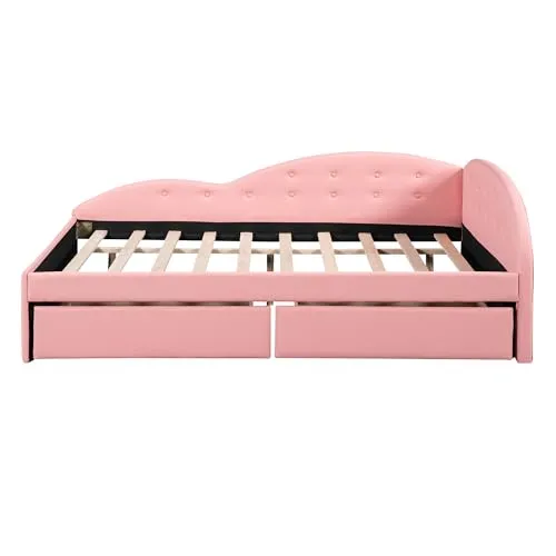 Full Size Daybed with Storage Drawers, Faux Leather Upholstered Day Bed Frame, Bottom Tufted Sofa Bed with Cloud Shaped Rails for Bedroom Living Room Guest Room, Pink