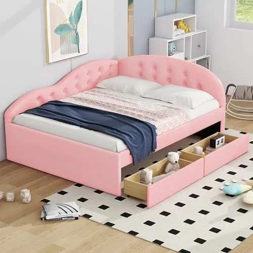 Full Size Daybed with Storage Drawers, Faux Leather Upholstered Day Bed Frame, Bottom Tufted Sofa Bed with Cloud Shaped Rails for Bedroom Living Room Guest Room, Pink