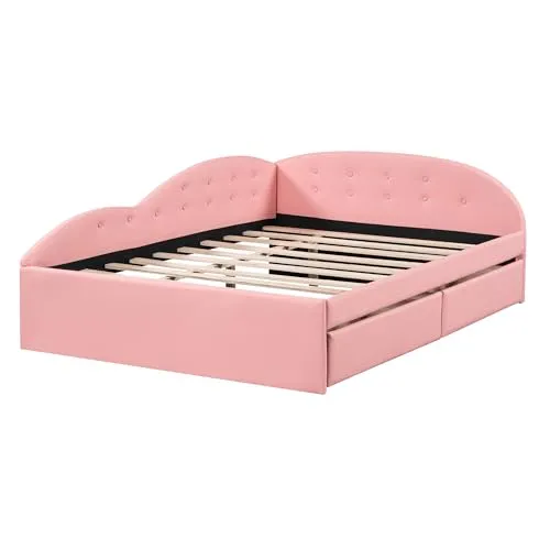 Full Size Daybed with Storage Drawers, Faux Leather Upholstered Day Bed Frame, Bottom Tufted Sofa Bed with Cloud Shaped Rails for Bedroom Living Room Guest Room, Pink